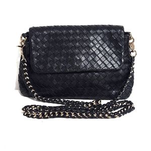 Bottega Veneta Black Intrecciato Leather Flap Chain Crossbody Bag